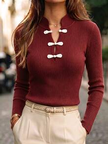 SHEIN New Chinese Style Stand Collar Ribbed Knit Top With Traditional Frog Buttons - Burgundy - View 3