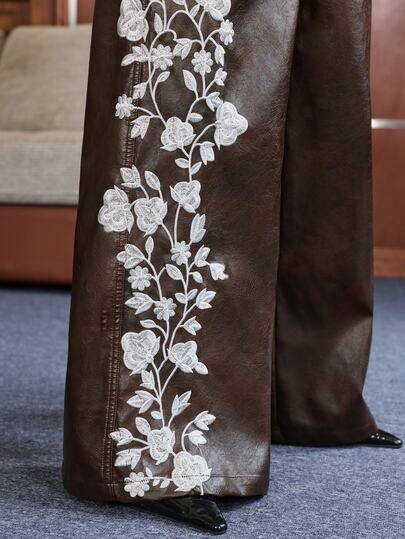 Anewsta Women's Autumn/Winter Elegant Modern Chic Vintage Brown Distressed PU White Floral Vine 3D Embroidered Wide Leg Pants