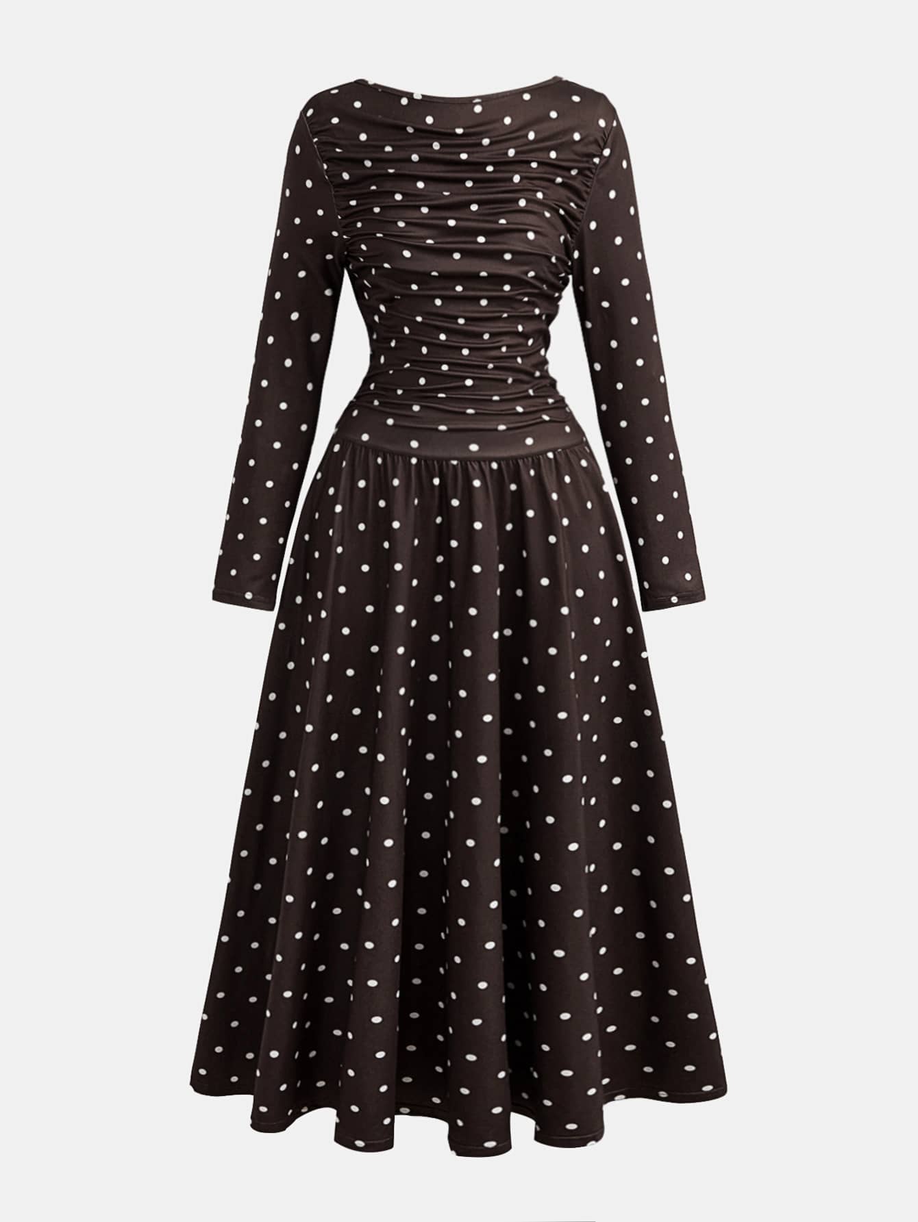 Girlism Teen Girl Teen Girls Autumn/Winter Polka Dot Coffee Brown Fitted Casual Minimalist Comfortable Long Sleeve Cinched Waist Midi Dress - Brown - View 3