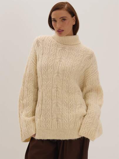 MUSEYN Cream Cable Knit High Neck Sweater Cosy Versatile Everyday Casual New Season Fall