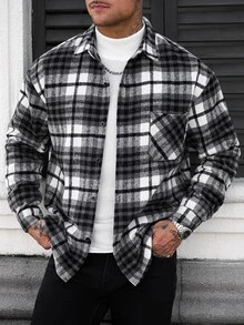 Manfinity CasualCool 男士長袖單排扣格紋襯衫外套，正式款 - 黑與白 - 查看 5