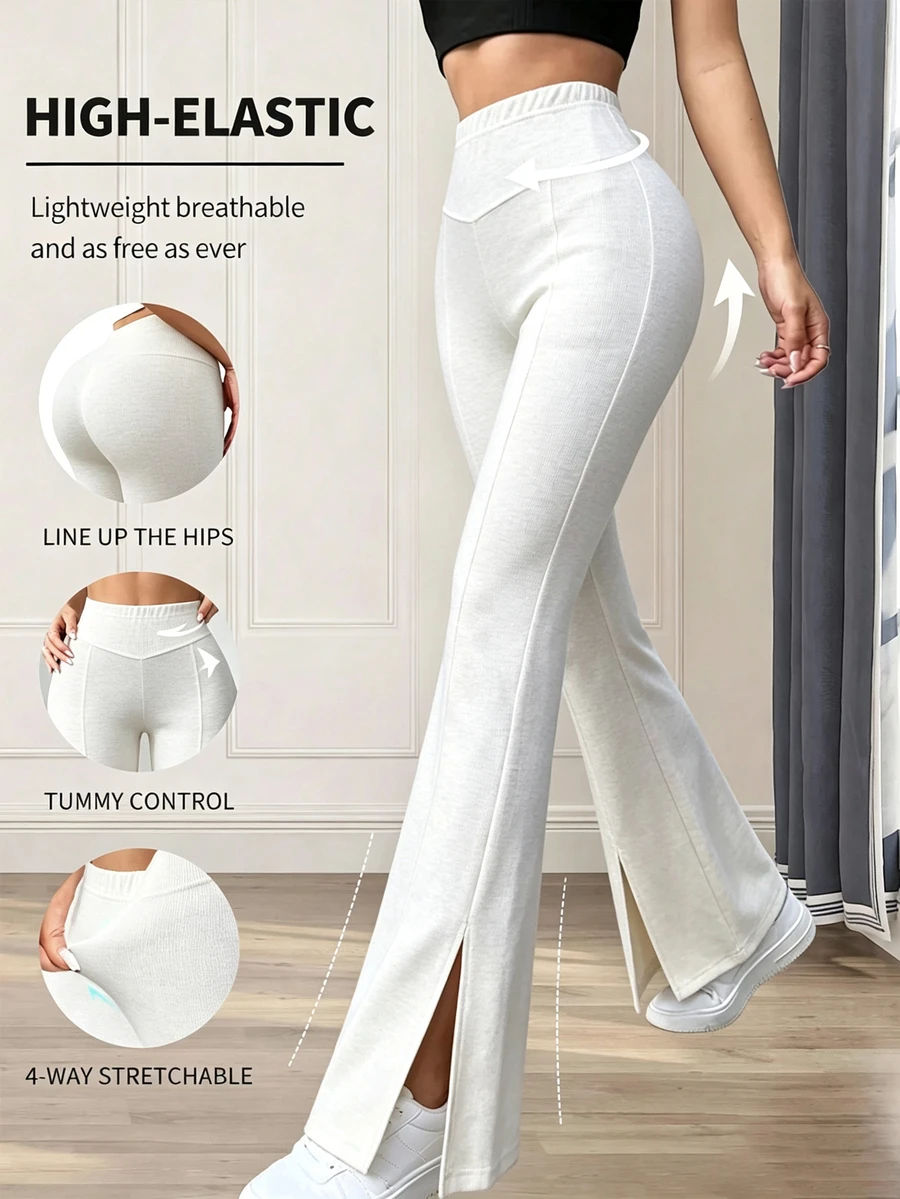 Eassivo Women's Solid Color Elastic Waist Split Hem Leggings - Apricot - View 1
