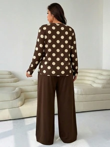 Solflare Setelan Kasual Dua Potong Kaos Lengan Panjang Leher Bulat Motif Polkadot Wanita Ukuran Besar dan Celana Panjang - Pakaian Rumahan Nyaman untuk Musim Gugur/Musim Dingin - Coklat - View 3
