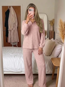 DAZY Autumn/Winter Simple Knit Women's Pajama Set For Home - Pink - View 10