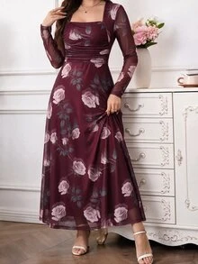 Amorya 女款花卉印花方領長袖優雅洋裝 - 酒紅色 - 查看 8