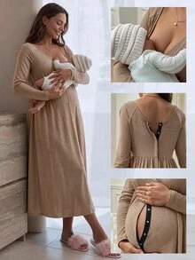 Slowluna Gaun Menyusui Hamil dengan Desain Lipit, Gaya Minimalis untuk Wanita Hamil dan Pasca Melahirkan - Coklat - View 3