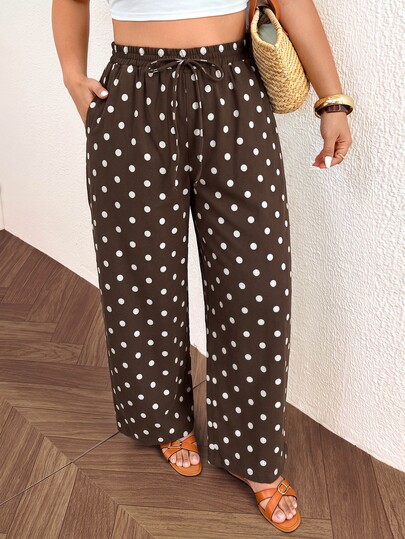 Elaquor Plus Size Women's Polka Dot Pattern Waist Tie Pocket Wide Leg Denim Jeans