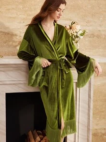 Moireta Women's Shiny Velvet Willow Long Robe - Dark Green - View 5