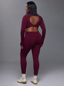 Voyena Women's Plus Size Solid Color Backless Long Sleeve Top And Leggings Casual Daily Sports Set - Purple - View 3
