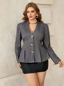 Roveilla Plus Size Woven High Neck Deep V-Neck Long Sleeve British Style Elegant Casual Slim Waist Ruched A-Line Commuter Jacket Office Formal Grey Fall - Grey - View 3