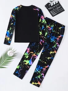 SHEIN 青少年男孩微笑臉印花長袖上衣與長褲休閒日常居家睡衣套裝 - 彩色 - 查看 2