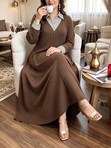 Lacomfia Gaun Kasual Wanita Ukuran Besar Model A-Line Bahu Persegi Motif Polkadot Patchwork Rajut Lembut Longgar - Coffee Brown - View 1