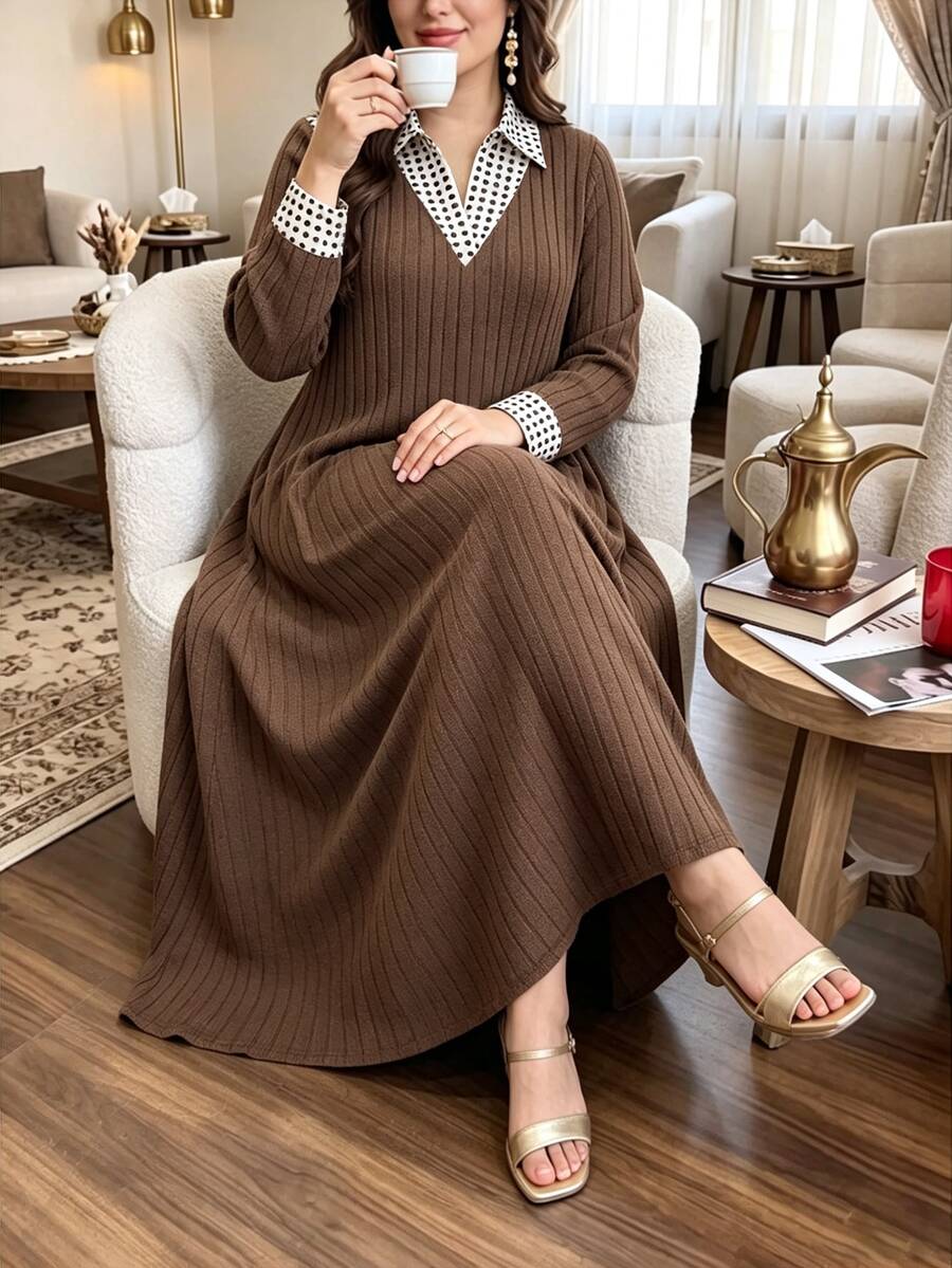 Lacomfia Gaun Kasual Wanita Ukuran Besar Model A-Line Bahu Persegi Motif Polkadot Patchwork Rajut Lembut Longgar - Coffee Brown - View 1