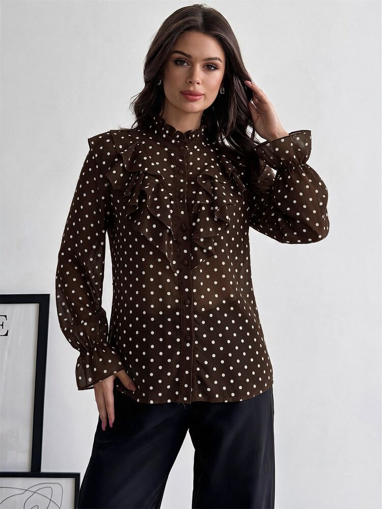 Firerie Autumn Women's Elegant French Stand Collar Ruffle Jacquard Textured Button Bell Sleeve Black White Polka Dot Blouse Teachers' Day Brunch Office - Brown - View 13