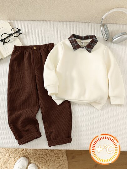 SHEIN 2pcs/Set Young Boy Fleece Lined Thick Apricot Sweatshirt And Green Corduroy Plaid Pants Set, Comfortable Versatile Fashionable Daily Cute Casual Minimalist All-Match Style