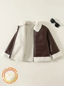 SHEIN 小男孩小女孩秋冬保暖內裡厚領長袖夾克 棕色夾克 小男孩夾克 保暖內裡夾克 - 彩色 - 查看 4