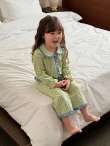 DAZY Infant/Toddler (Girl) Plaid Korean Style Long Sleeve Comfortable 2 Pieces Loungewear Set - Green - View 6