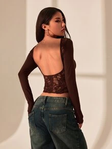 SHEIN PETITE 露背蕾絲拼接女款T恤上衣，性感約會穿搭，適合夏季 - 咖啡棕 - 查看 5