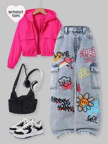 SHEIN Tween Girls Graffiti Heart Letter Print Y2K Style Light Blue Printed Simple Casual Loose Wide Leg Distressed Ripped Vintage Washed Denim Jeans - Blue - View 1