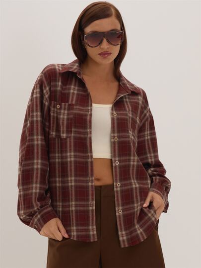 MUSEYN Camisa Oversize a Cuadros Rojo Burdeos Versátil Casual de Uso Diario Nueva Temporada Otoño