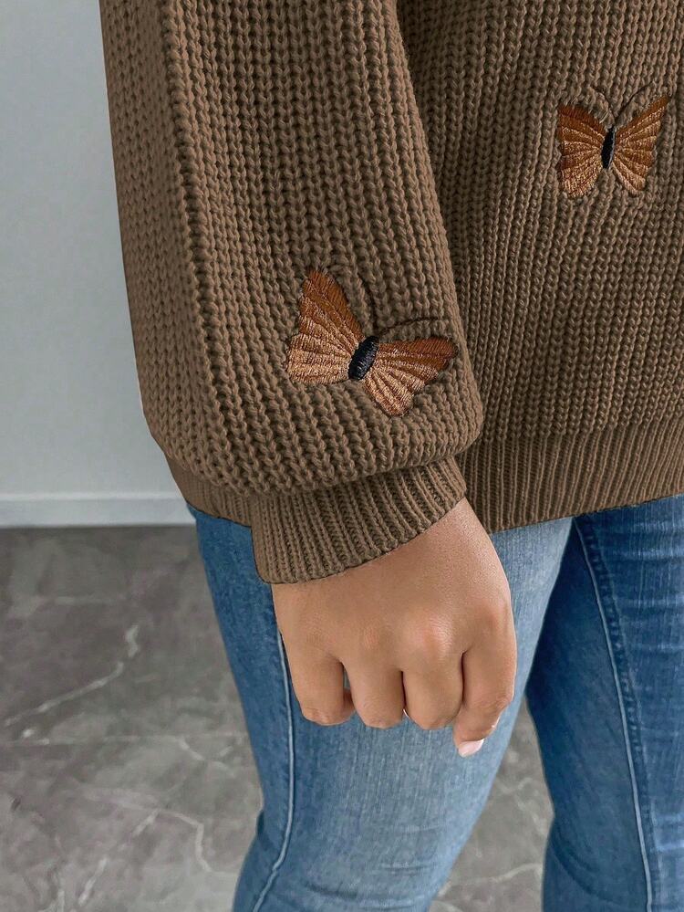 Linhara CURVE Women's Solid Color Knitted Bow Embroidery Long Sleeve Regular Elegant Autumn/Winter Pullover Sweater - Coffee Brown - View 5
