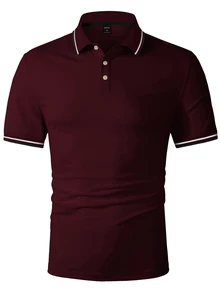 Calvornis 男士條紋短袖休閒通勤 Polo 衫，正式款 - 酒紅色 - 查看 3
