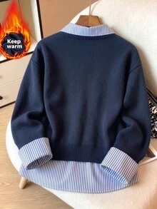 GlowEve CURVE Plus Size Striped Patchwork Collared Long Sleeve Pullover Sweater - Navy Blue - View 2