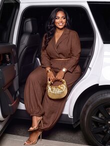 Poshavie Poshavie Plus Size Blazer Collar Wrap Long Sleeve Top & Elastic Waist Cuffed Pants Casual 2 Pieces Set - Coffee Brown - View 4