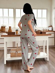 SHEIN 愛心印花短袖短褲居家休閒套裝 - 灰色 - 查看 2