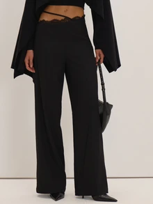 MUSEYN Black Woven Asymmetric Lace Trim Strap Detail Trousers Versatile Everyday Casual Chic New Season Fall - Black - View 2
