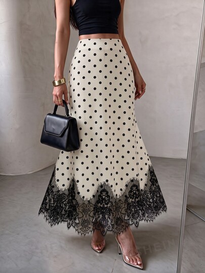 NOVVYNE Women's Woven Polka Dot Digital Print Contrast Lace Mermaid Skirt, Romantic And Elegant