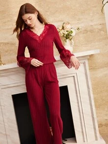 Moireta French Elegant Romantic V-Neck Lace Patchwork Long Sleeve Pants Pajama Set For Women - Burgundy - View 5