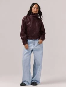 MUSERA Fitted High Neck Asymmetric Popper Biker Jacket Night Out Winter Back To School Everyday Outerwear Party Elegant Evening Spring Day Fall Autumn - Burgundy - View 4