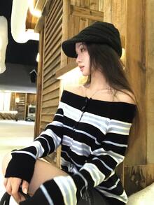 DAZY Women's Striped Off-The-Shoulder Loose Sweater - Black - View 5