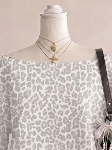 SHEIN EZwear 經典復古水洗白灰色豹紋不對稱肩設計女款衛衣，秋季休閒街頭風，適合多種場合，Y2K復古風，返校季秋冬上衣 - 彩色 - 查看 5