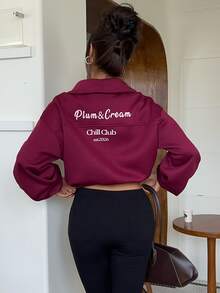 Aloruh Women's Autumn/Winter New Sweatshirt Jacket, High Neck Sweatshirt, Purple-Red Sweatshirt, Slogan Sweatshirt - Red Violet - View 3
