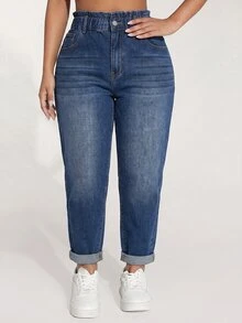 SHEIN 大尺碼高腰時尚鈕扣口袋牛仔七分褲 - 藍色 - 查看 3