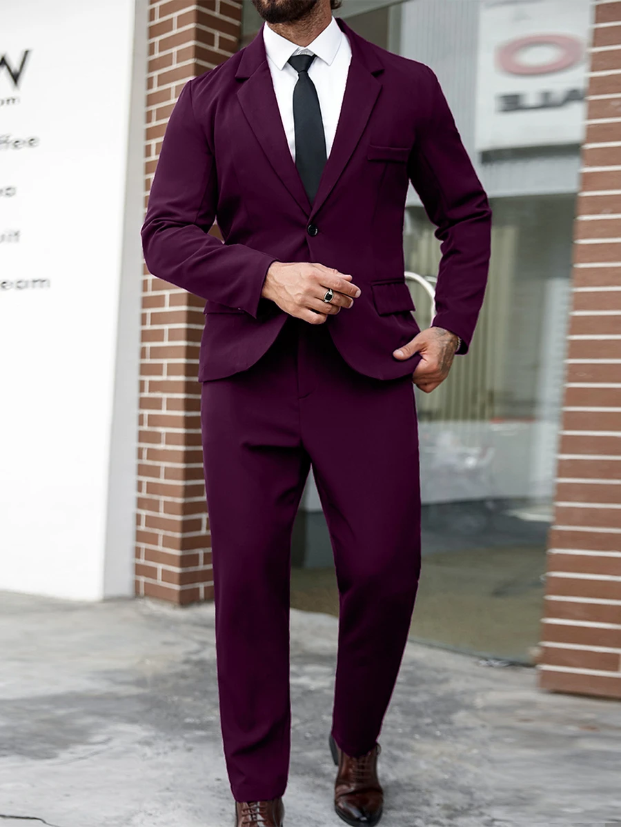 Manfinity Mode 男士大尺碼純色西裝外套與長褲套裝,正式場合、儀式穿著 - 紫色 - 查看 1