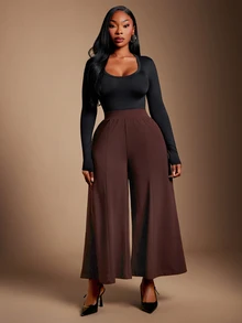 SHEIN SXY Plus Size Women's Casual Coffee Brown High Waist Wide Leg Cropped Pants Fall - Brown - View 6