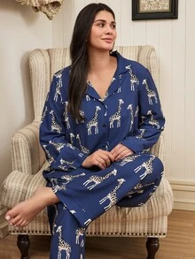 Doze Lane Plus Size Women's American Casual Loose Comfortable Giraffe Print Button Long Sleeve Pants Pajama Set, Suitable For Autumn - Navy Blue - View 6