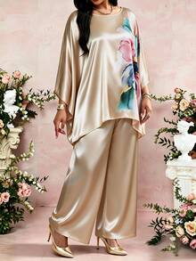 SHEIN Lady CURVE 大尺碼女款花卉印花上衣與長褲休閒日常兩件套 - 彩色 - 查看 4