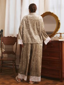 Côtesoire South France Elegant Romantic Leopard Print Open Front Long Sleeve Pants Plus Size Pajama Set - Apricot - View 2