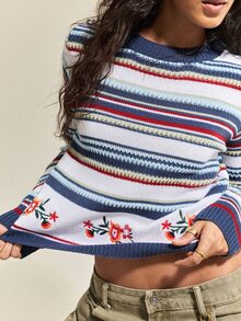 SHEIN كنزة نسائية بياقة دائرية مخططة بأكمام طويلة، ملابس خريفية/شتوية مطرزة، كنزة قصيرة مطرزة بألوان متباينة مخططة بقصة ضيقة عصرية متعددة الاستخدامات - متعدد الألوان - مشاهدة 4