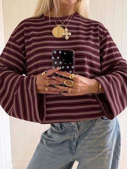 SHEIN EZwear Overseas Long Sleeve Burgundy Striped Shirt, Autumn Top, Suitable For Daily Commute, Gathering, Autumn/Winter/Spring/Summer, Christmas, New Year, Thanksgiving, Party, Wedding, Beach, Graduation Ceremony, Elegant, Outing, Dating, Commute, Valentine's Day, Elegant, Vacation, Y2K, Graduation Ceremony And Other Occasions