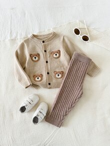 SHEIN 男女嬰兒/幼兒 2件組秋冬加厚抓絨內裡可愛熊圖案開襟衫套裝，毛衣套裝，嬰兒冬季毛衣套裝，服飾，聖誕節 - 咖啡棕 - 查看 3