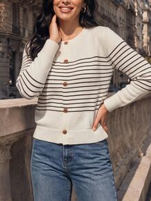 Juhart 1pc Women's Plus Size Round Neck Color Block Striped Long Sleeve Minimalist Fashion Urban Casual Knit Cardigan, Suitable For Daily Commute, Spring And Autumn - Apricot - View 4