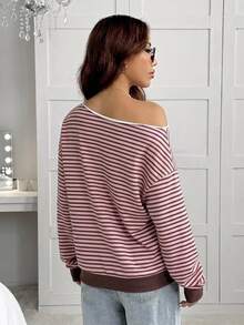 SHEIN EZwear 女款衛衣，秋季服飾，不對稱肩粉色與棕色條紋返校大學風衛衣，休閒極簡運動街頭風百搭派對聚會機場穿搭Y2K上衣，秋季穿搭，女款通勤穿搭，百搭上衣，外出穿搭，機場穿搭 - 彩色 - 查看 2