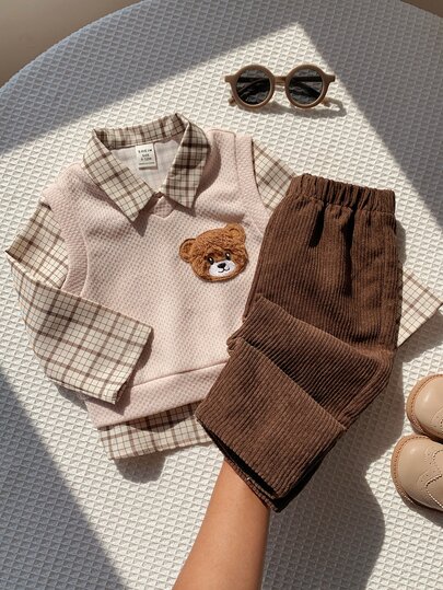 SHEIN Baby Jongen, Baby Jongen 3-delige Herfst/Winter Thermisch Gevoerde Dikke Schattige Beren Vest en Geruit Overhemd en Corduroy Broek Set, Overhemd Set, Baby Winter Outfit, Kerstmis