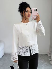 Elenzga Women New Chinese Style Frog Button Satin Jacket, Lace Patchwork Long Sleeve Elegant Party Outerwear, Autumn Winter - Beige - View 3