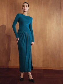 MOTF PREMIUM WOMEN'S AUTUMN/WINTER ELASTIC FABRIC STRUCTURED DESIGN ELEGANT SLIM FIT MIDI DRESS - Teal Blue - View 3